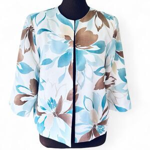 Alfred Dunner Open Front Blazer Jacket Aqua Pastel Print Linen Texture Size 12